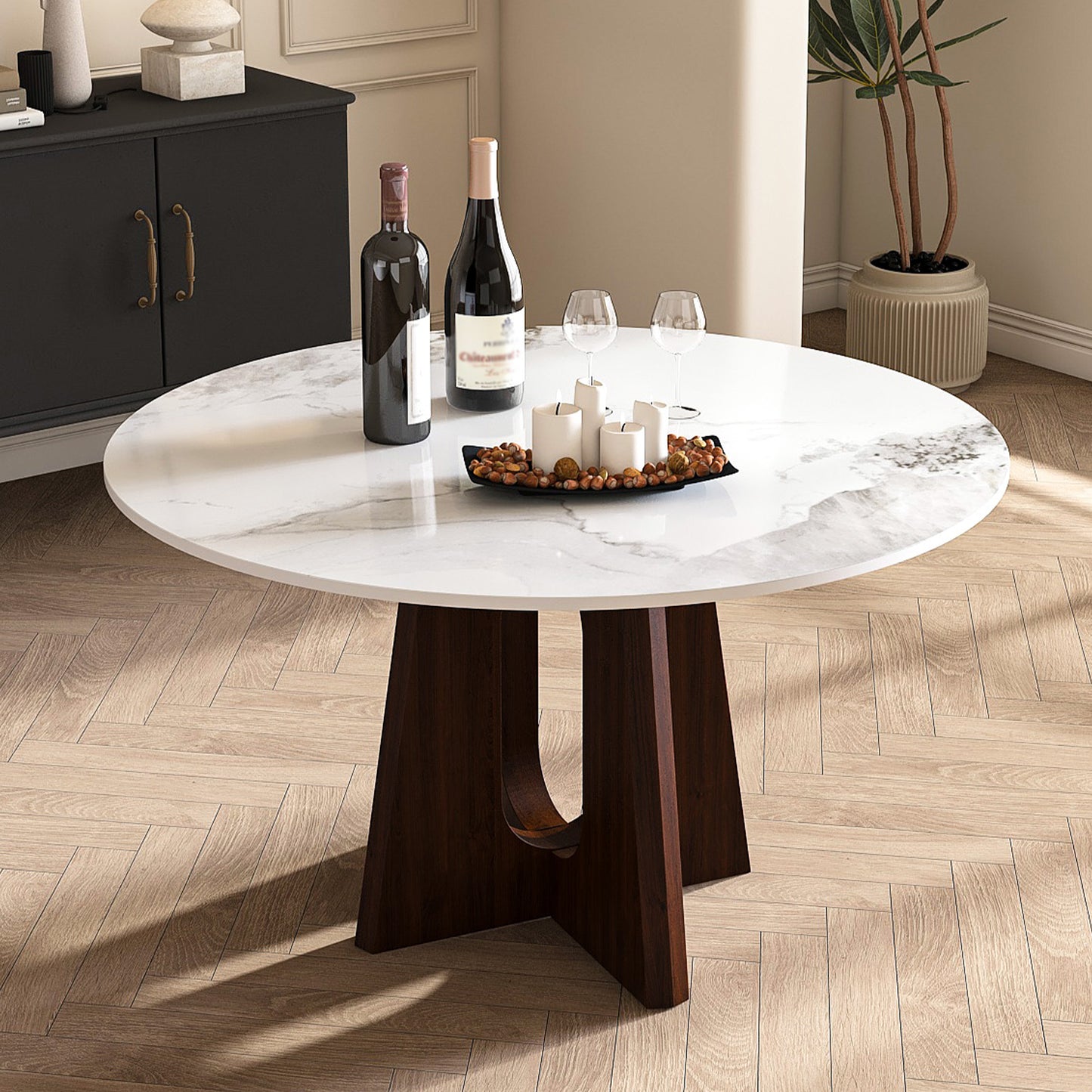 Maroa 53'' Round Dining Table – Sintered Stone Top with Walnut Cross Base (Table Only)