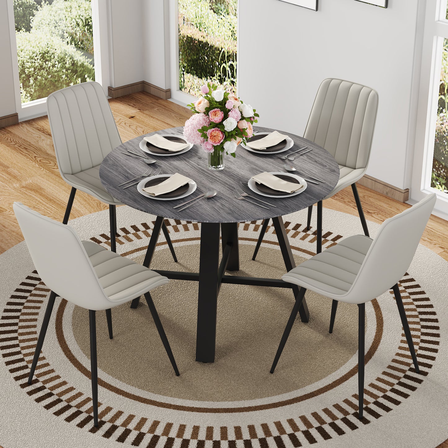 Kavira 5‑Piece Round Dining Set – Gray Wood Grain Table with Light Gray Chairs