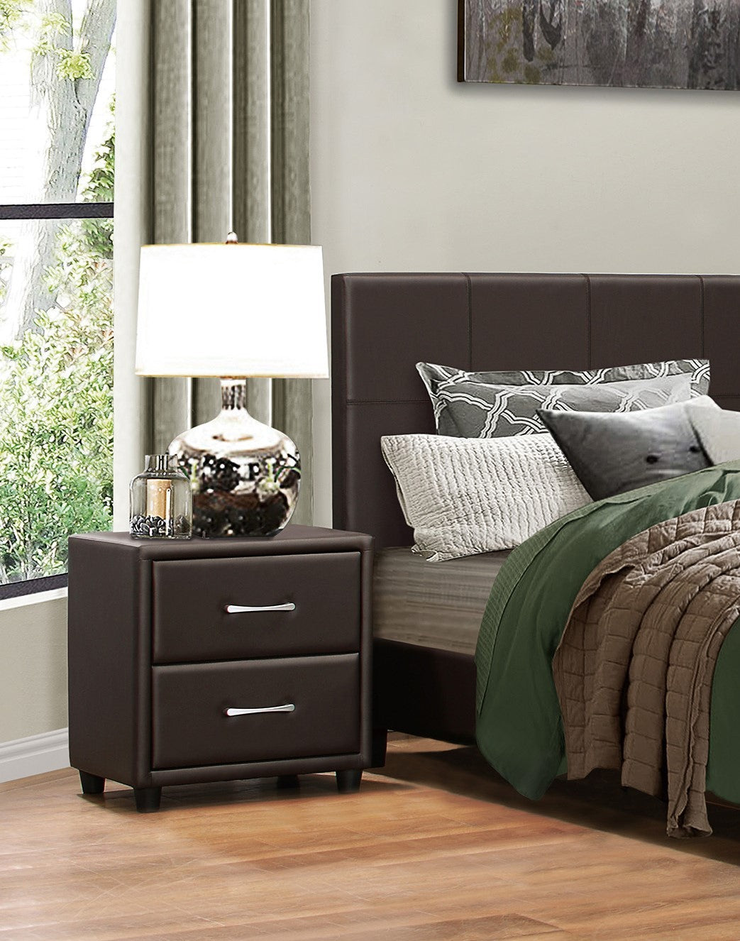 Glistra Luxe Chest – Dark Brown 2-Drawer Faux Leather Nightstand with Silver Pulls