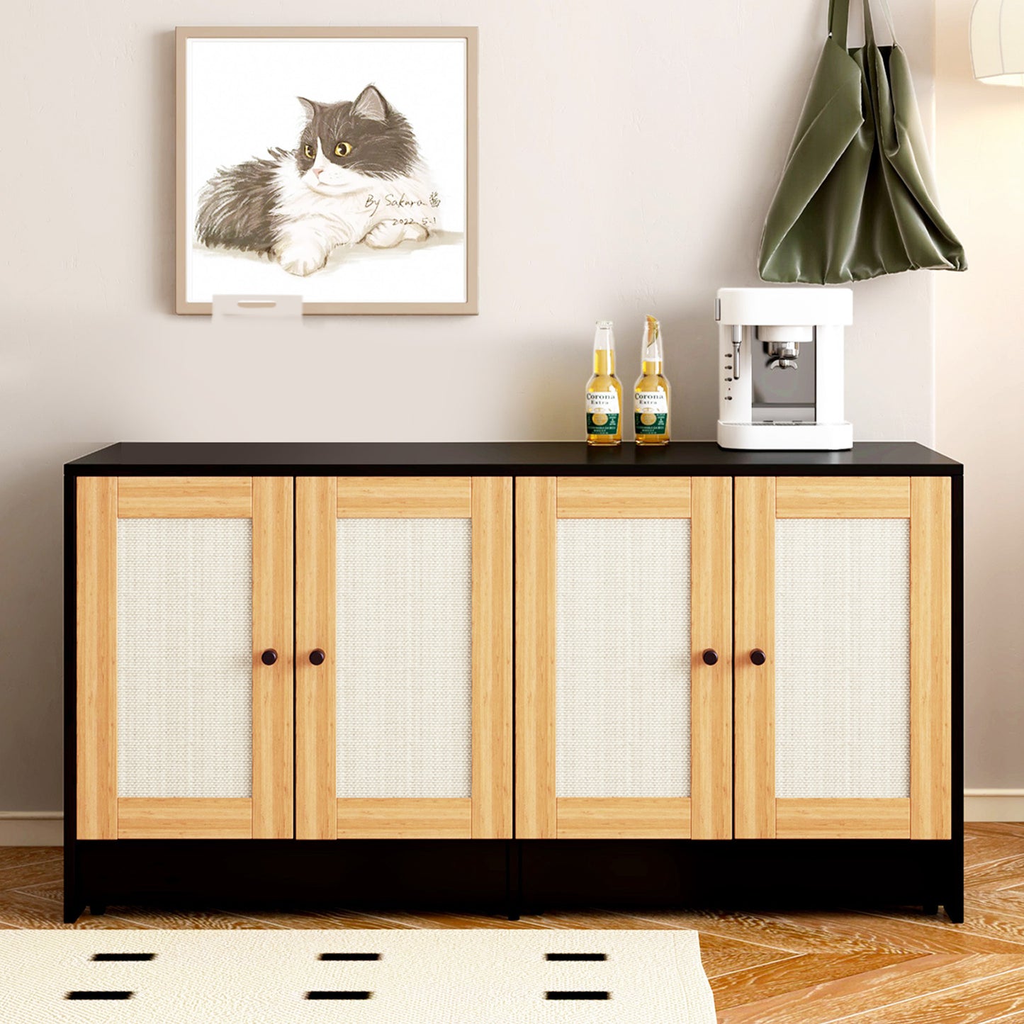 Nuvio Double Litter Enclosure – Black Hidden Cat Box Cabinet with Rattan Doors (Fits 2 Cats) - JUSTLIVE NESTJUSTLIVE NEST