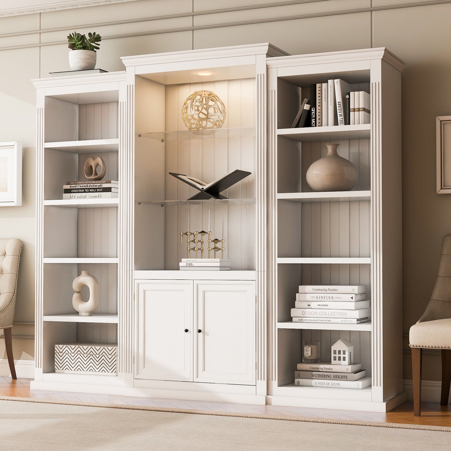Luntra Glow Trio – 78.75" 3-Piece White Display Bookcase with 5-Color LED & Glass Shelves