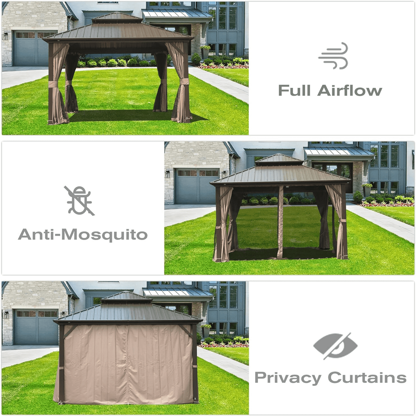 Aurelia 10x10' Hardtop Gazebo – Square Steel Roof Pavilion with Full Curtains (Brown) - JUSTLIVE NESTJUSTLIVE NEST
