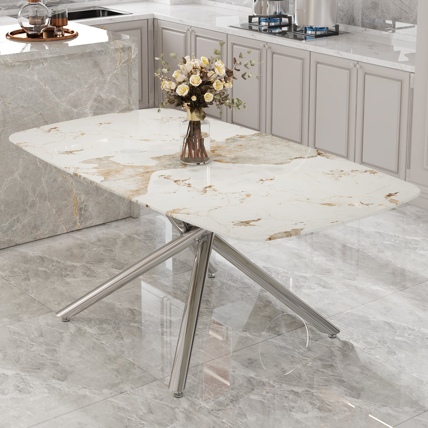 Veyla 63'' Rectangular Dining Table – Faux Marble Top with Silver Metal Legs