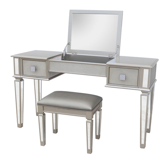 Glistra Silver Flip – Mirrored Vanity Desk with Hidden Mirror Top, Glass Accents & Stool