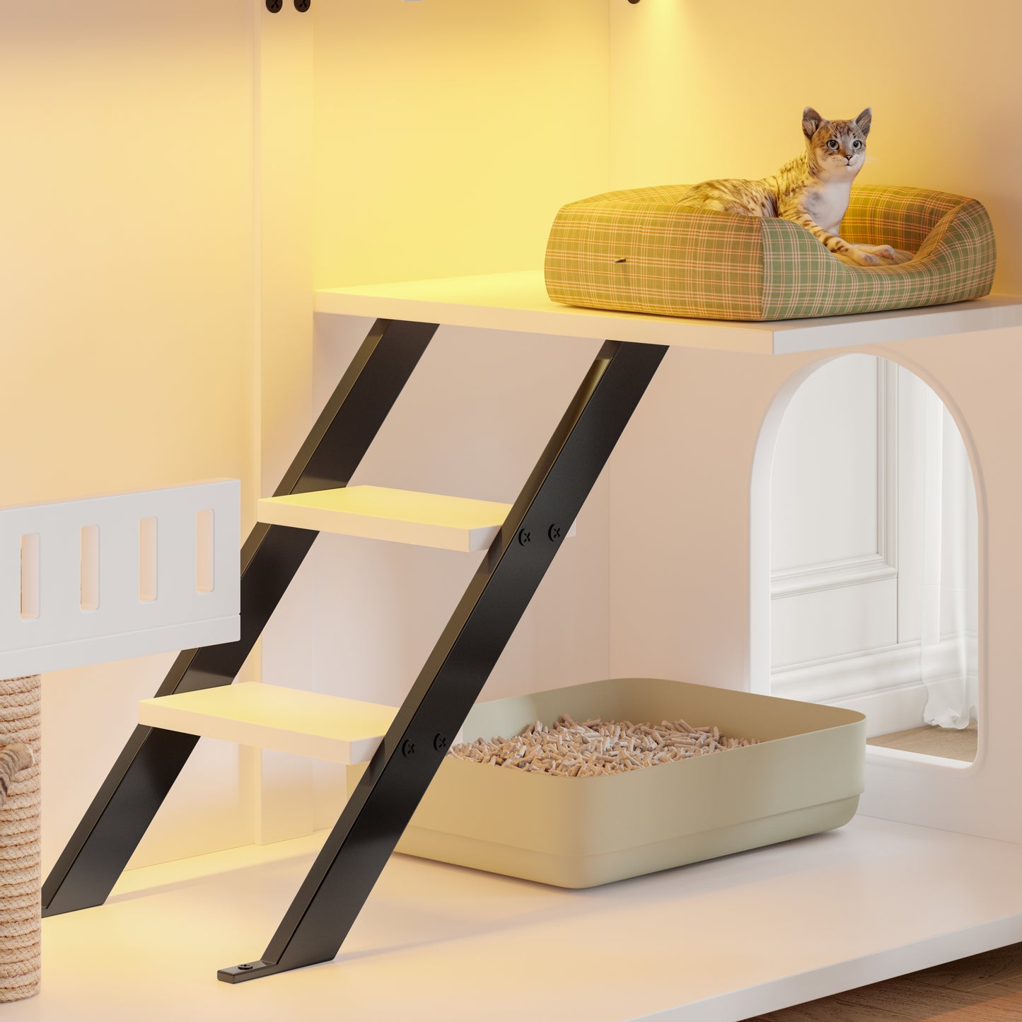Nuvio 47" Smart Litter Cabinet – White Cat Enclosure with LED Light, Stair Entry, Scratch Panel & Side Table Design - JUSTLIVE NESTJUSTLIVE NEST