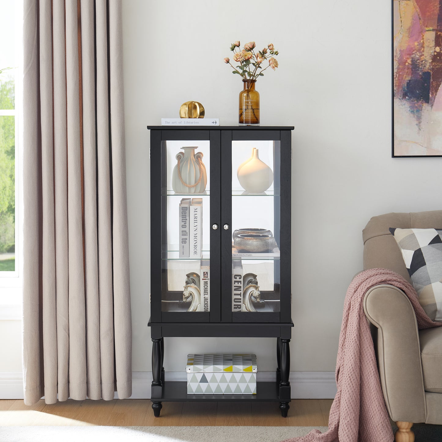 Mirava Lighted Cabinet – 3-Tier Display with Solid Wood Legs, Mirror Back & Glass Doors