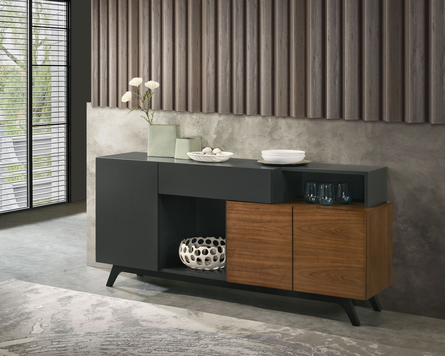 Destin Server – Ceramic and Walnut Finish Storage Cabinet with Sleek Modern Frame