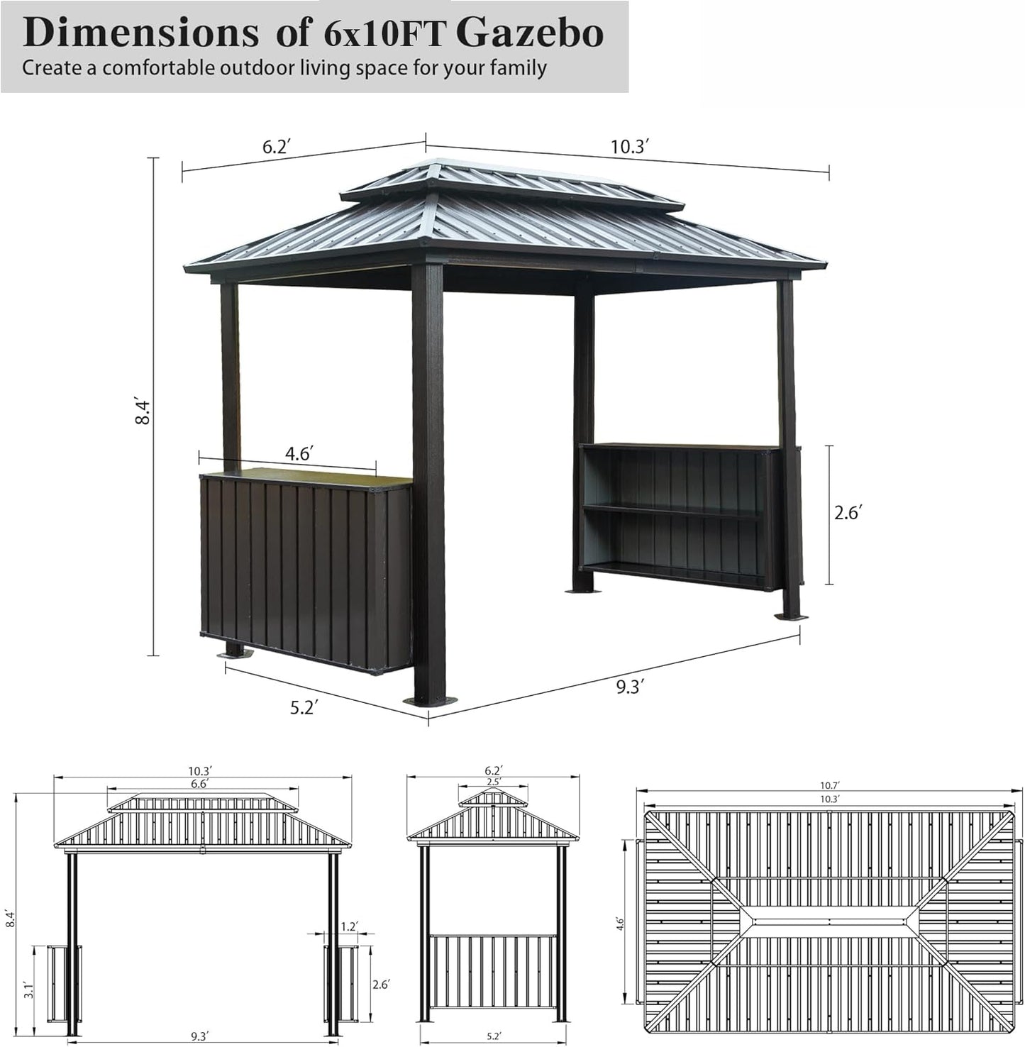 Grillan 6x10' BBQ Gazebo – Hardtop Grill Shelter with Steel Roof, Cabinets & Hooks (Brown) - JUSTLIVE NESTJUSTLIVE NEST
