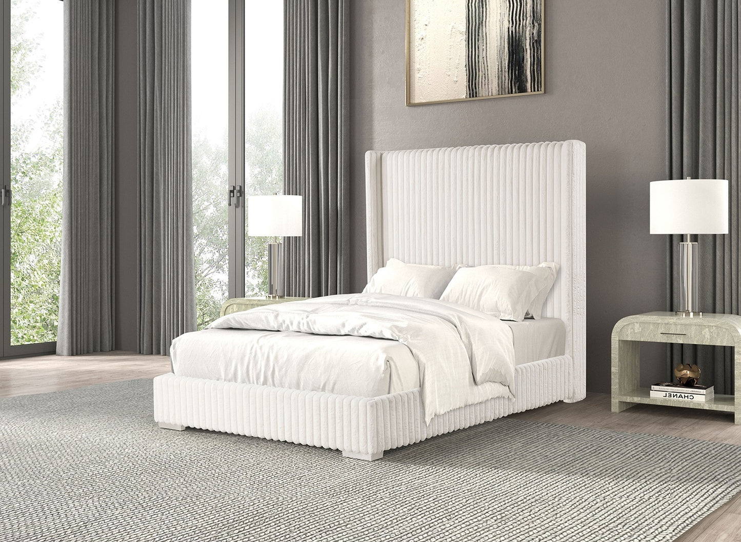 Velvra Full Bed – White Fur Chenille Mattress-Ready Frame (1pc)