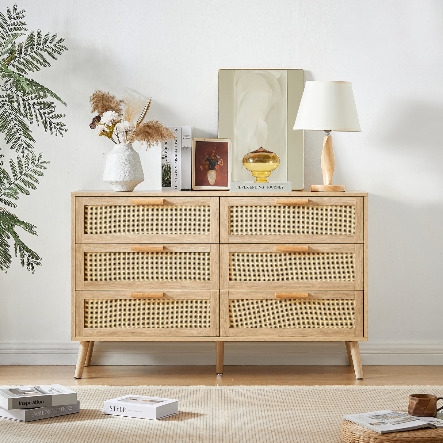 Rivo 6-Drawer Rattan Dresser – Natural Wood Chest for Entry, Hallway or Kids Room