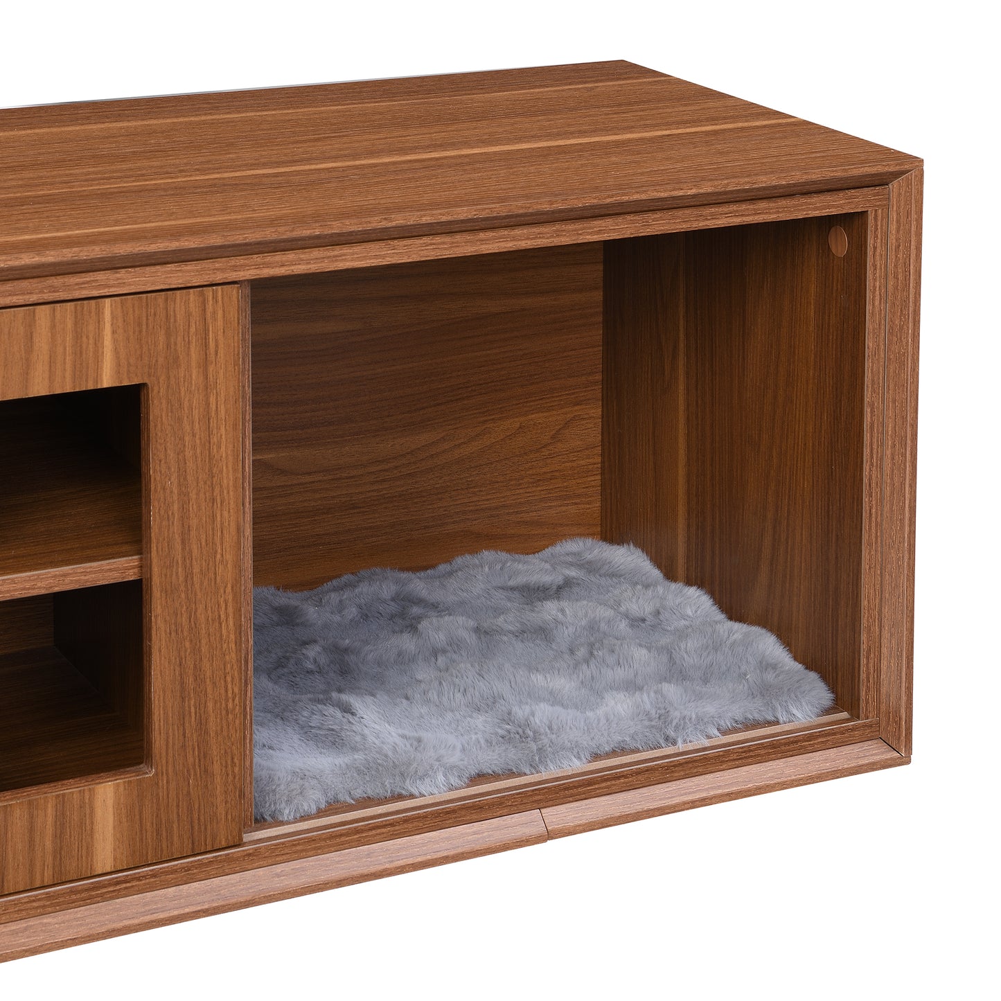 Vero Pet - Friendly TV Console – Mid - Century Walnut Stand with Soft Cushion, Sliding Door & Cat Hideout - JUSTLIVE NESTJUSTLIVE NEST