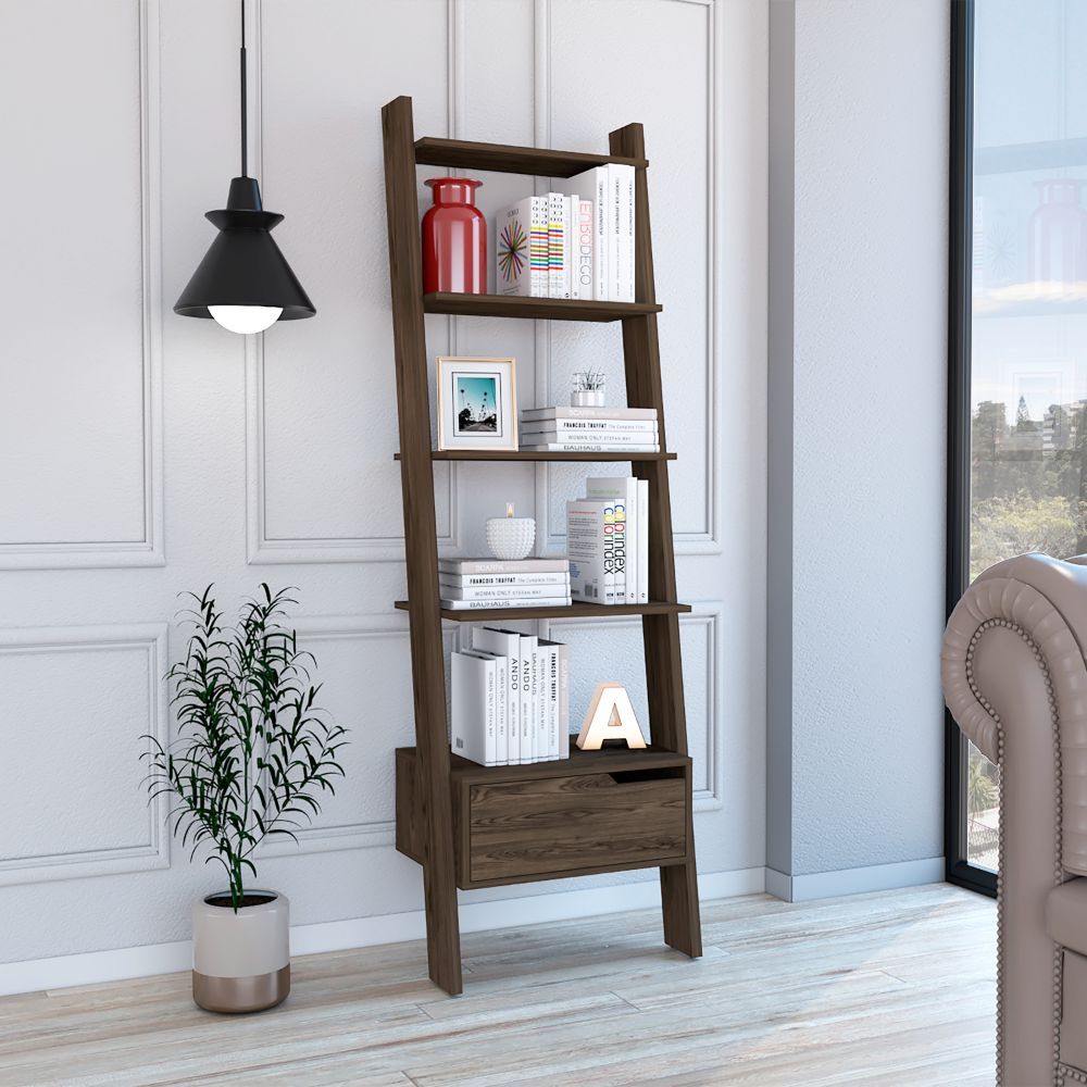Havira Ladder Shelf – 4-Shelf + 1 Drawer Bookcase in Dark Walnut