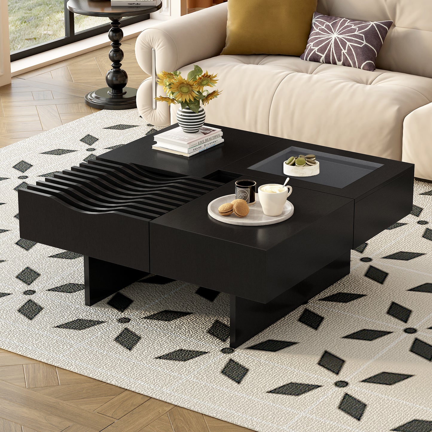 U-Can Trego Table – 33" Square Coffee Table with Glass Inlay and 3 Drawers (duplicate confirmed)