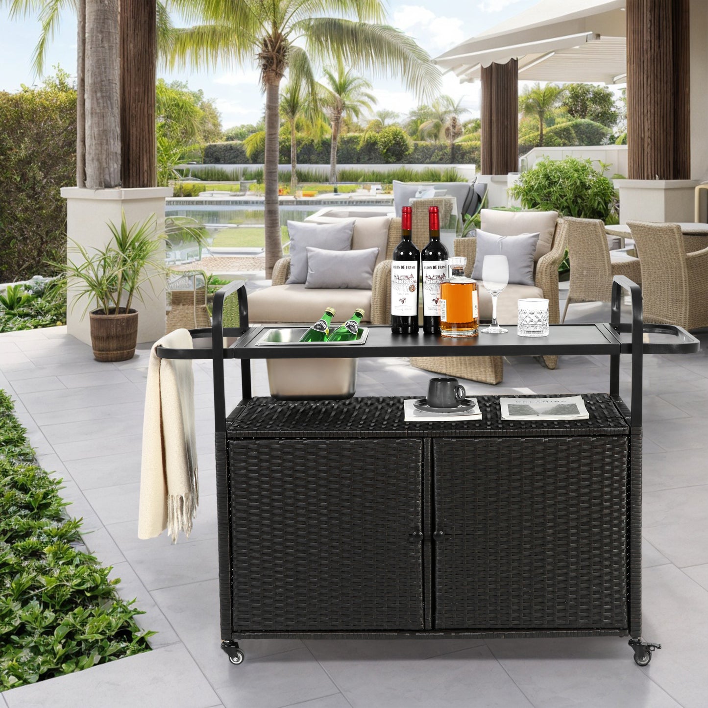 Vina Outdoor Bar Cart – Wicker Serving Table with Ice Bucket, Cabinet & Lockable Wheels (Black)