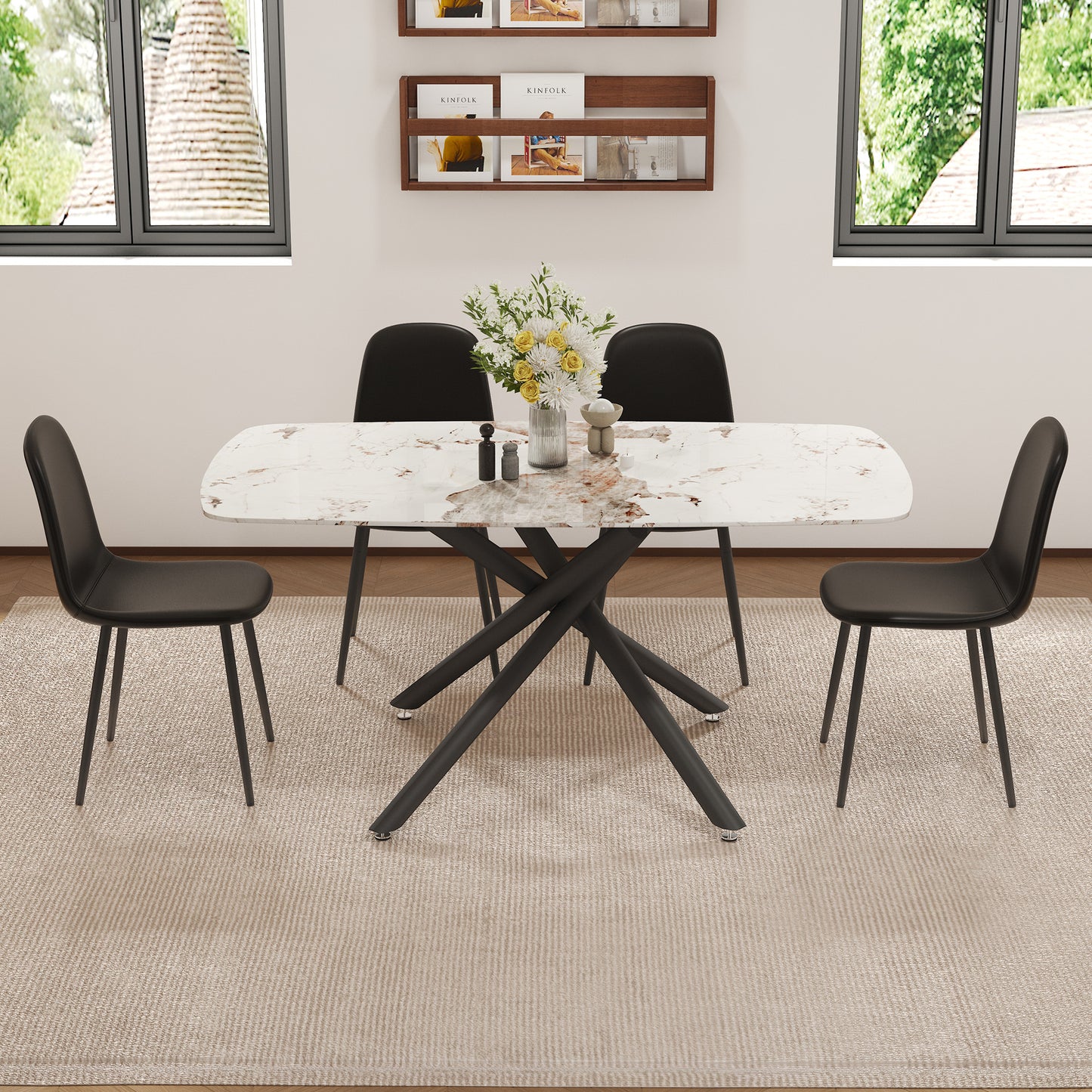Nostra 5‑Piece Dining Set – White Glass Table with Black Mid-Century Chairs
