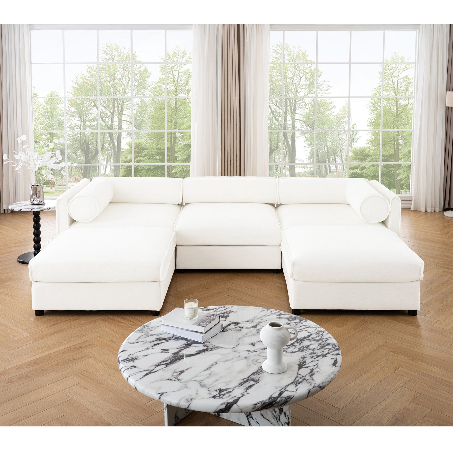 Veluno ‘SnugVault” U-Shape Sofa – Elegant White Chenille | 3-Seater with Ottoman + Hidden Storage