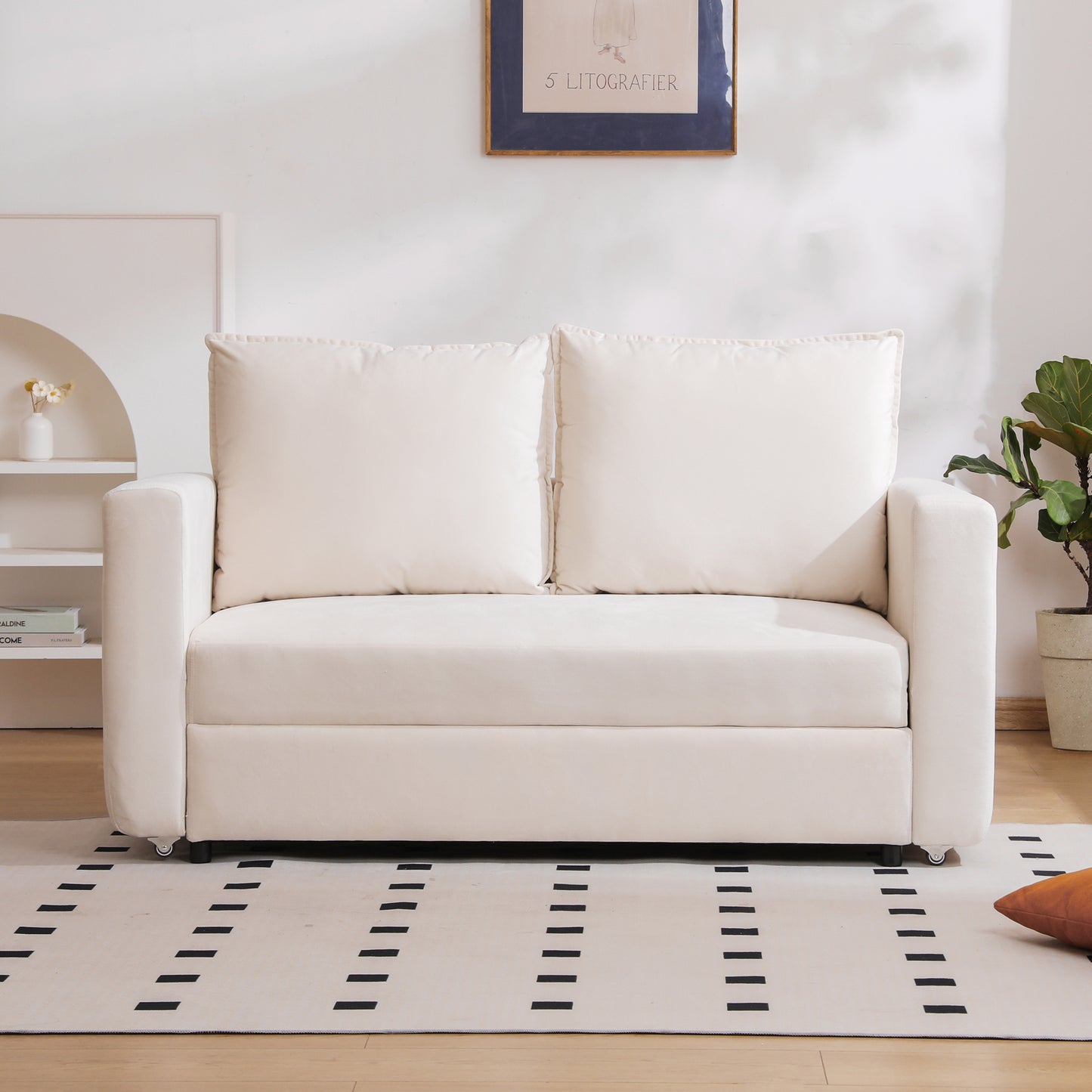 NestEdge ‘CozyFold” Loveseat – 2-in-1 Pullout Sofa Bed | Adjustable Arms + Linen White