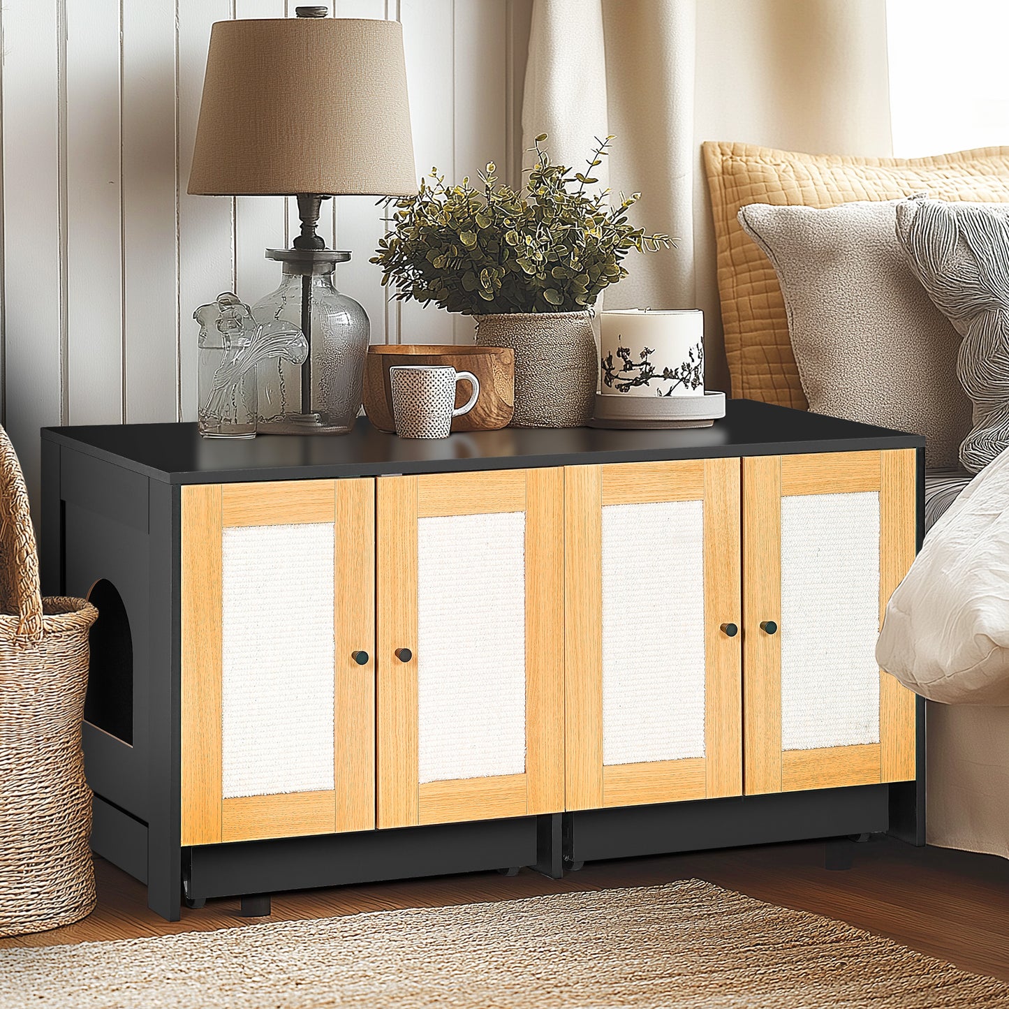 Nuvio Double Litter Enclosure – Black Hidden Cat Box Cabinet with Rattan Doors (Fits 2 Cats) - JUSTLIVE NESTJUSTLIVE NEST