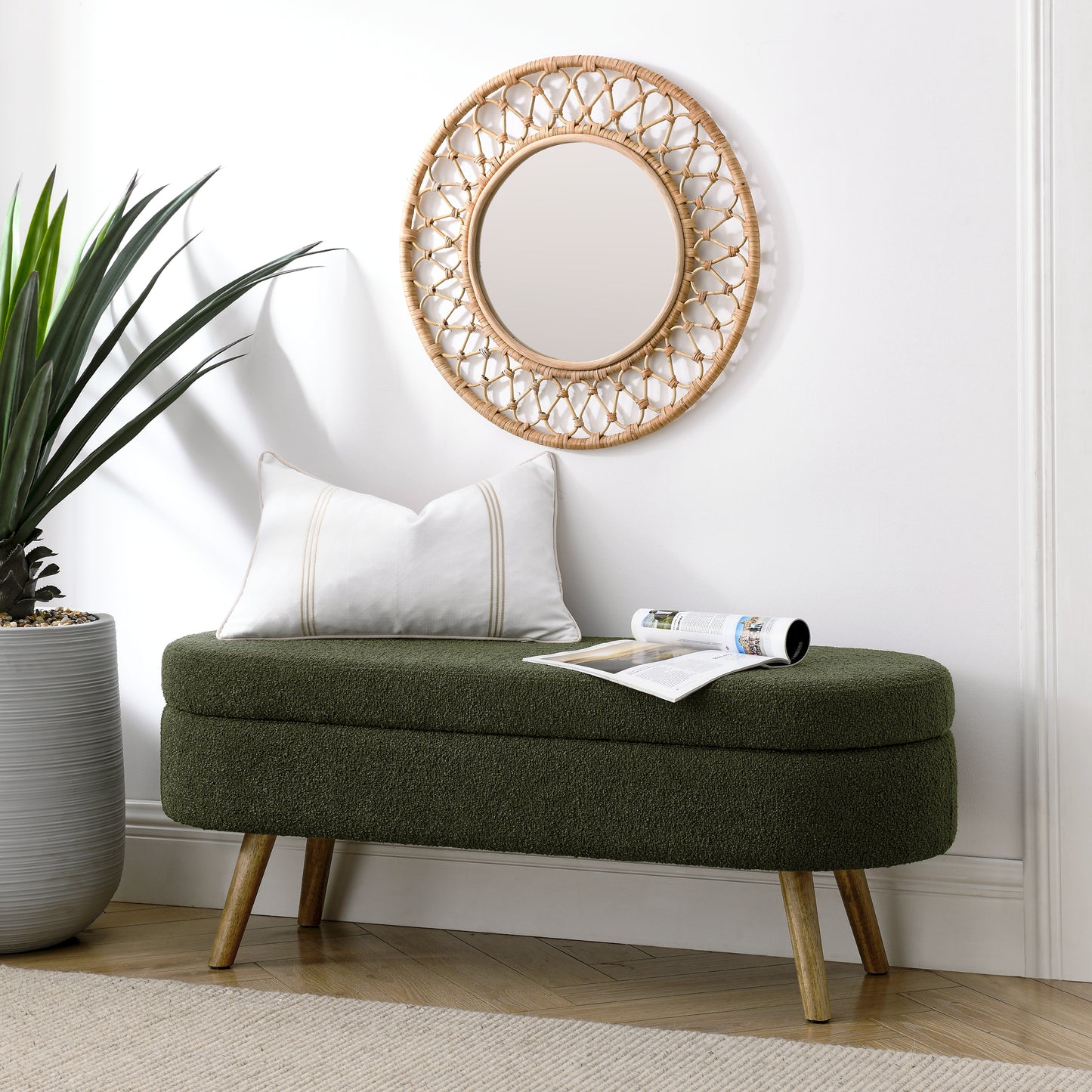 Solvi Oval Storage Bench – Green Upholstered with Rubber Wood Legs (43.5")