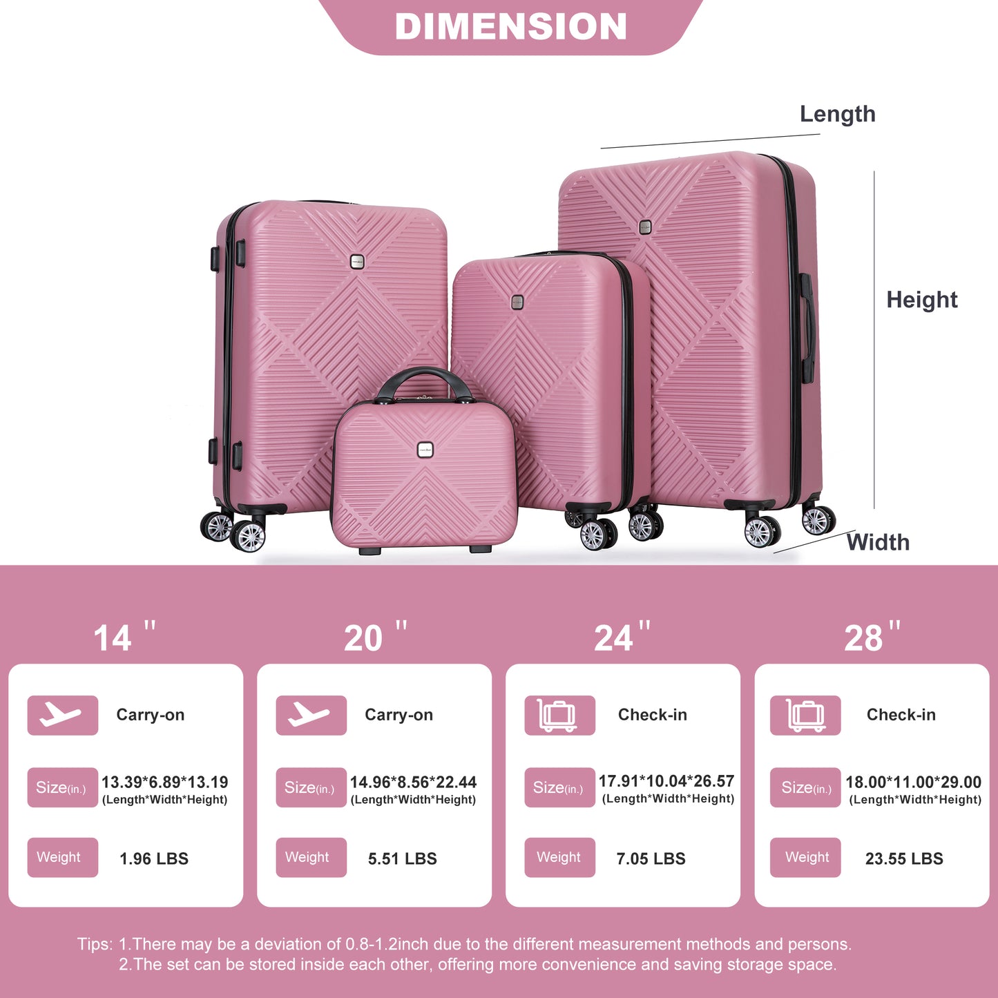 Jetera 4 - Piece ABS Luggage Set – Pink Lightweight Suitcases with Spinner Wheels & Makeup Box (14/20/24/28") - JUSTLIVE NESTJUSTLIVE NEST