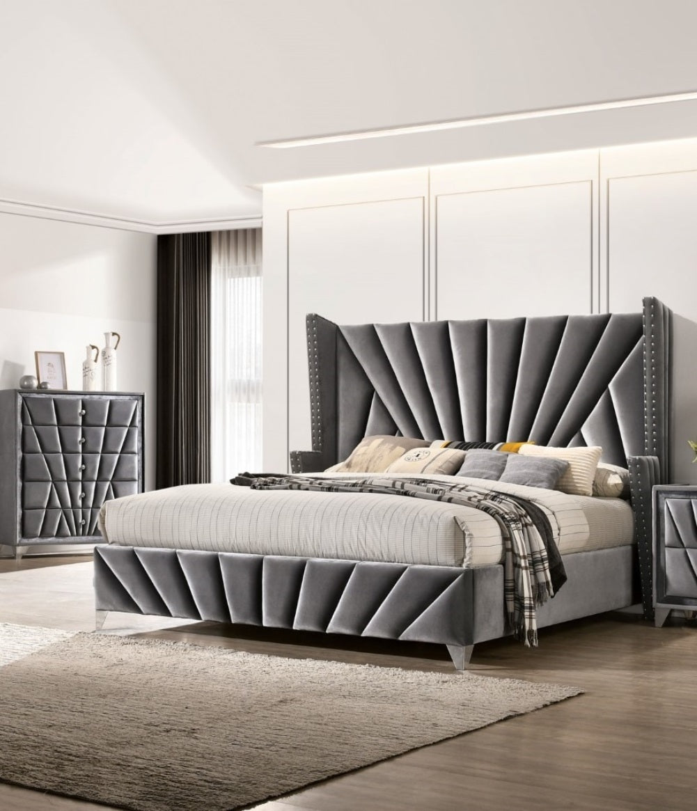 Kivora Queen Bed – Gray Wingback Upholstered Frame with Sculpted Headboard