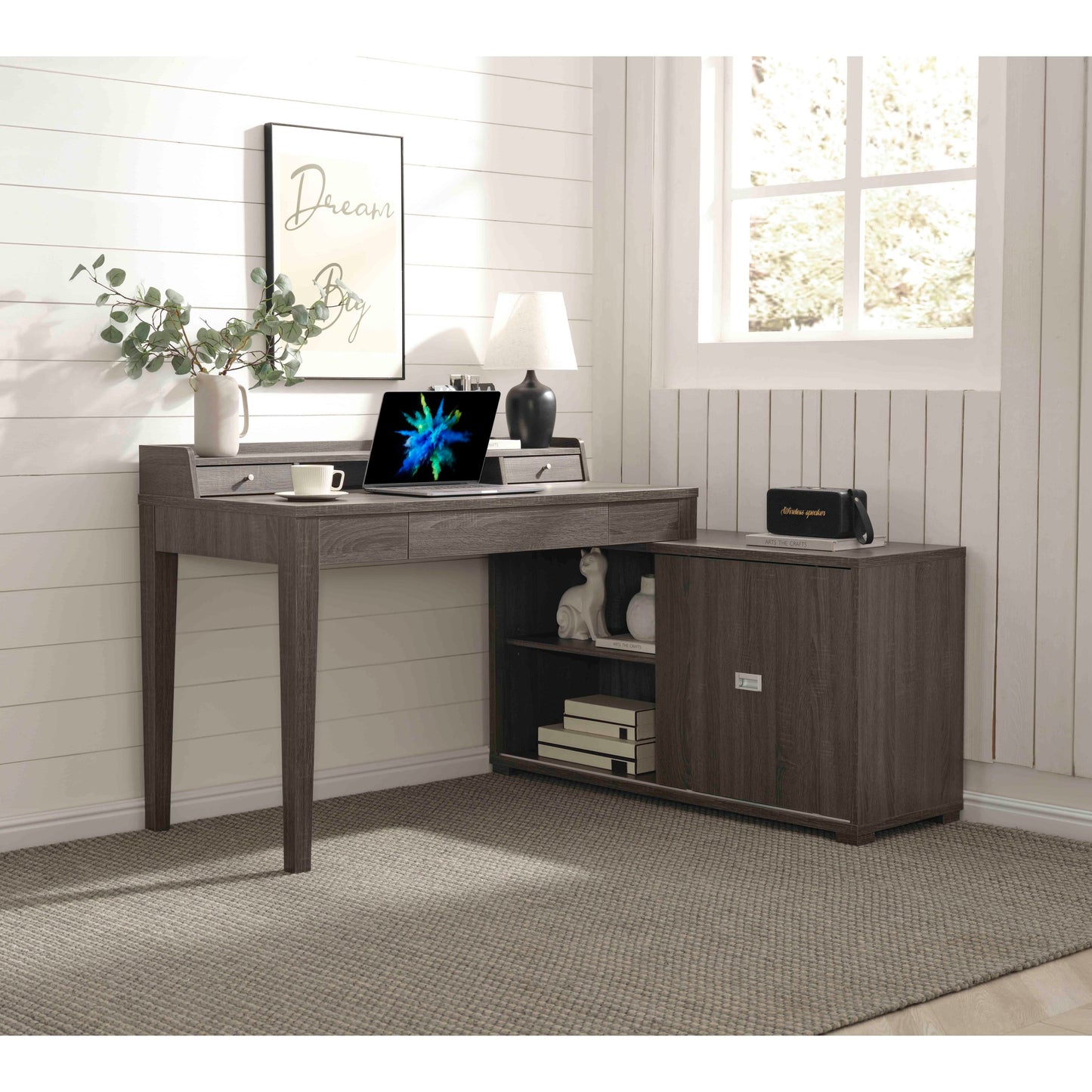 Astra L-Desk – Grey Corner Desk with Mini Hutch, Sliding Door, and Metal Trim