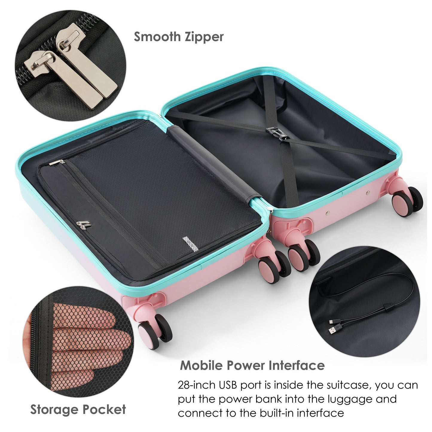 Jetera 3 - Piece Carry - On Luggage Set – Light Blue ABS+PC Hard Shell with USB Port, Cup Holder & Front - Opening Design (20/24/28") - JUSTLIVE NESTJUSTLIVE NEST