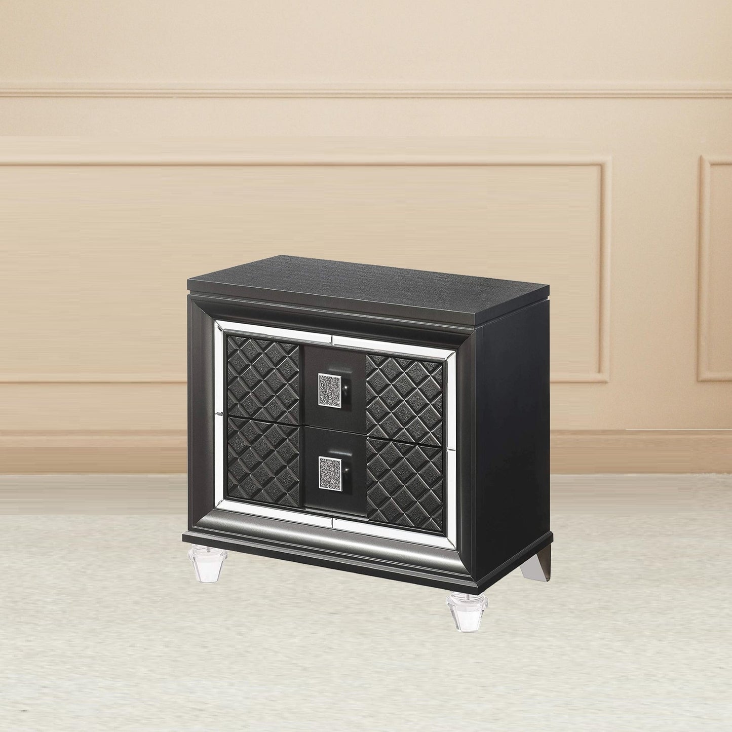 Glistra Glam Chest – Metallic Gray 2-Drawer Nightstand with Acrylic Legs
