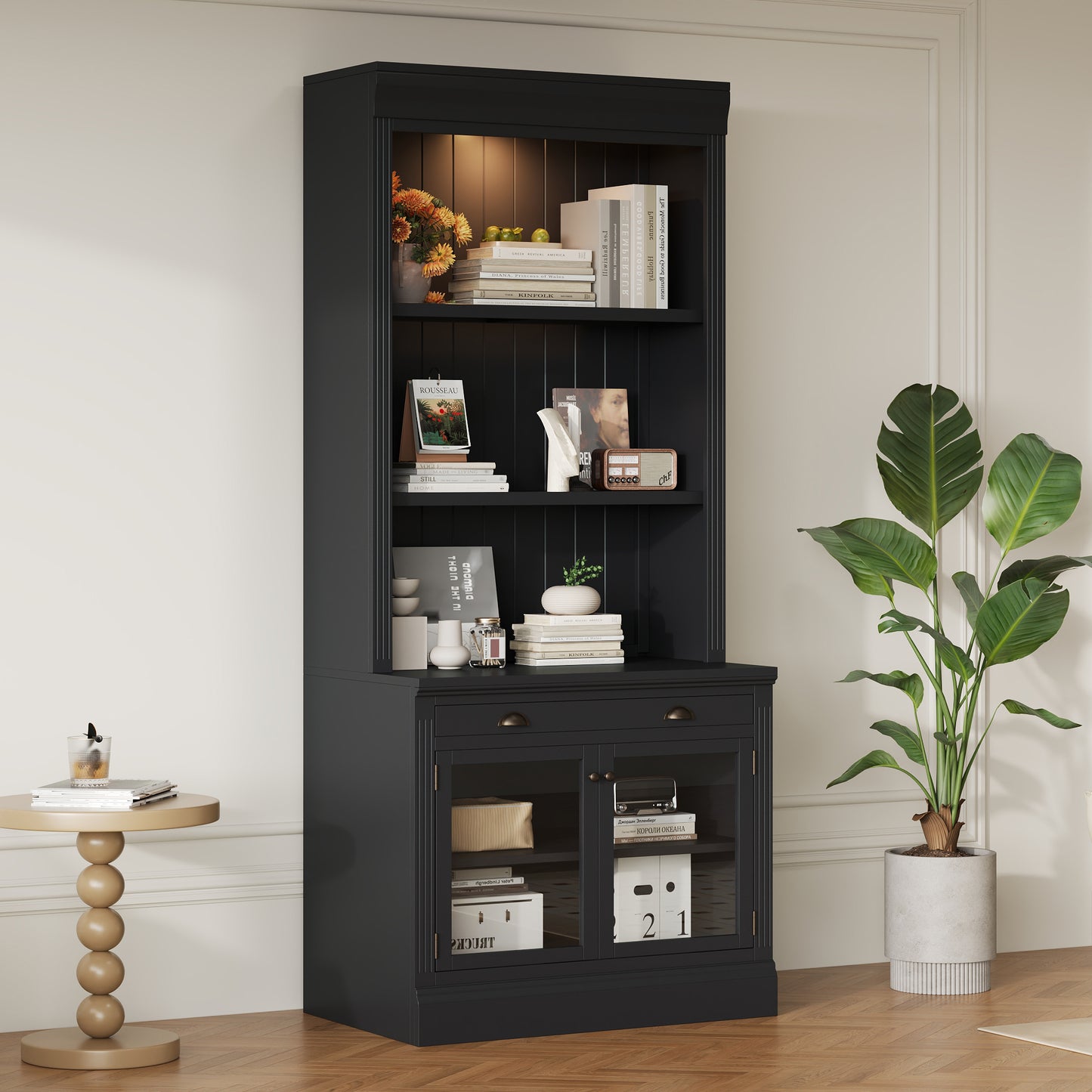 Lunaris Glass Bookcase – 83.4'' White LED Display Cabinet with Glass Doors and Drawer