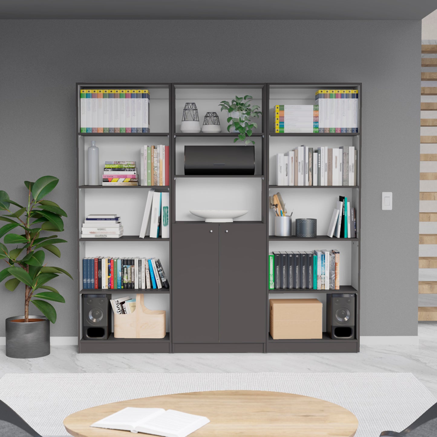 Lecano Trio Set – 74" Wide 3-Piece Bookcase Set with 13 Shelves + Cabinet (Gray/White)