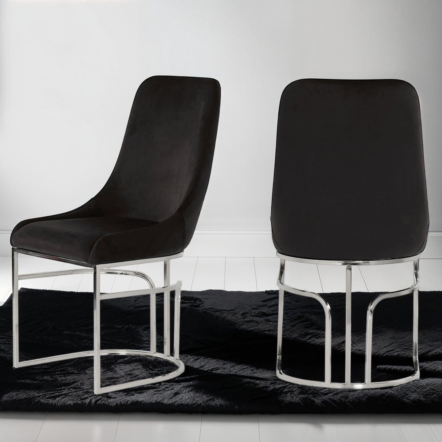 Emrald Dining Chairs – 2-Piece Set in Black Upholstery with Steel Legs
