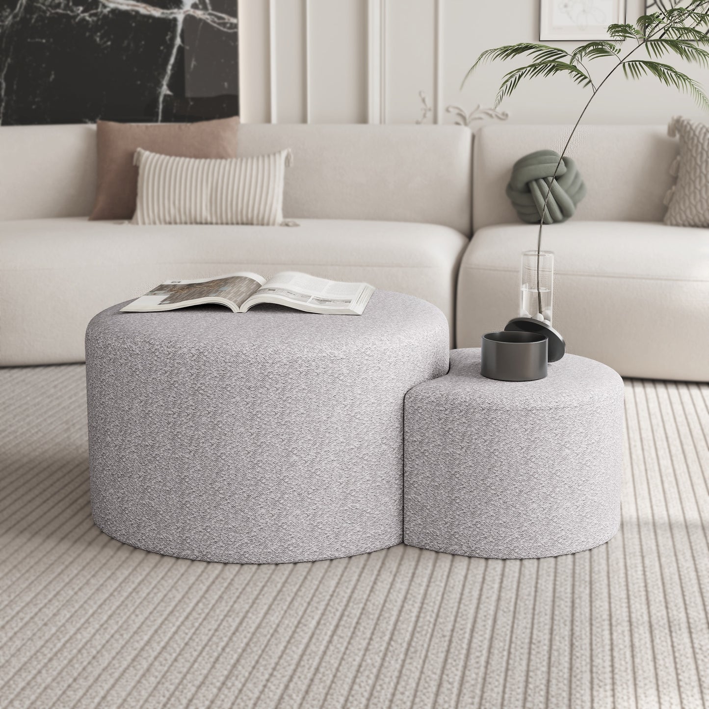 Kovia Nest Set – Upholstered Beige Nesting Tables & Footrests (Set of 2)