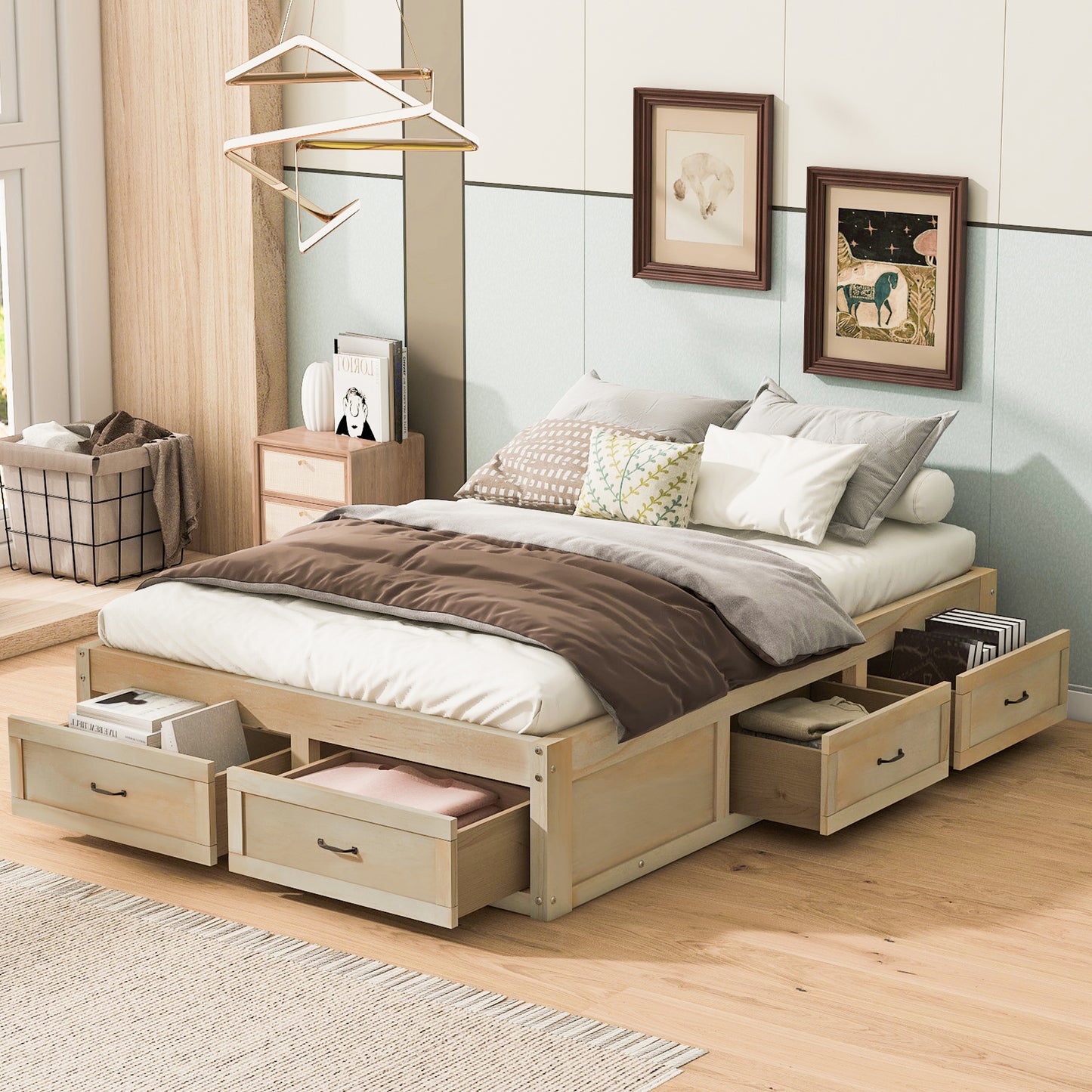 Stravelle Full Bed – Antique Natural Platform with 6 Storage Drawers