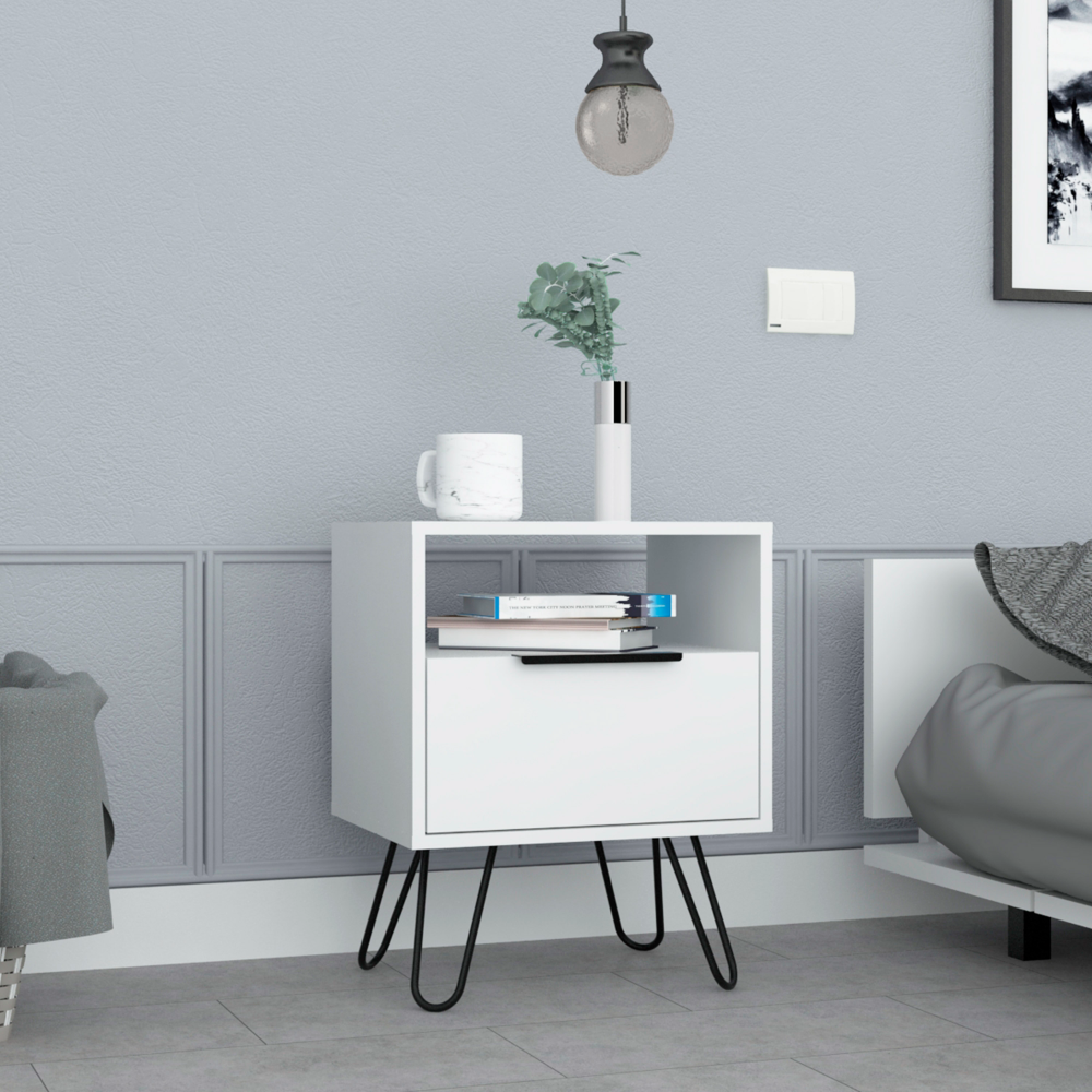 Voltra Hairpin Table – White End Table with Open Shelf & Cabinet Door (22" H)