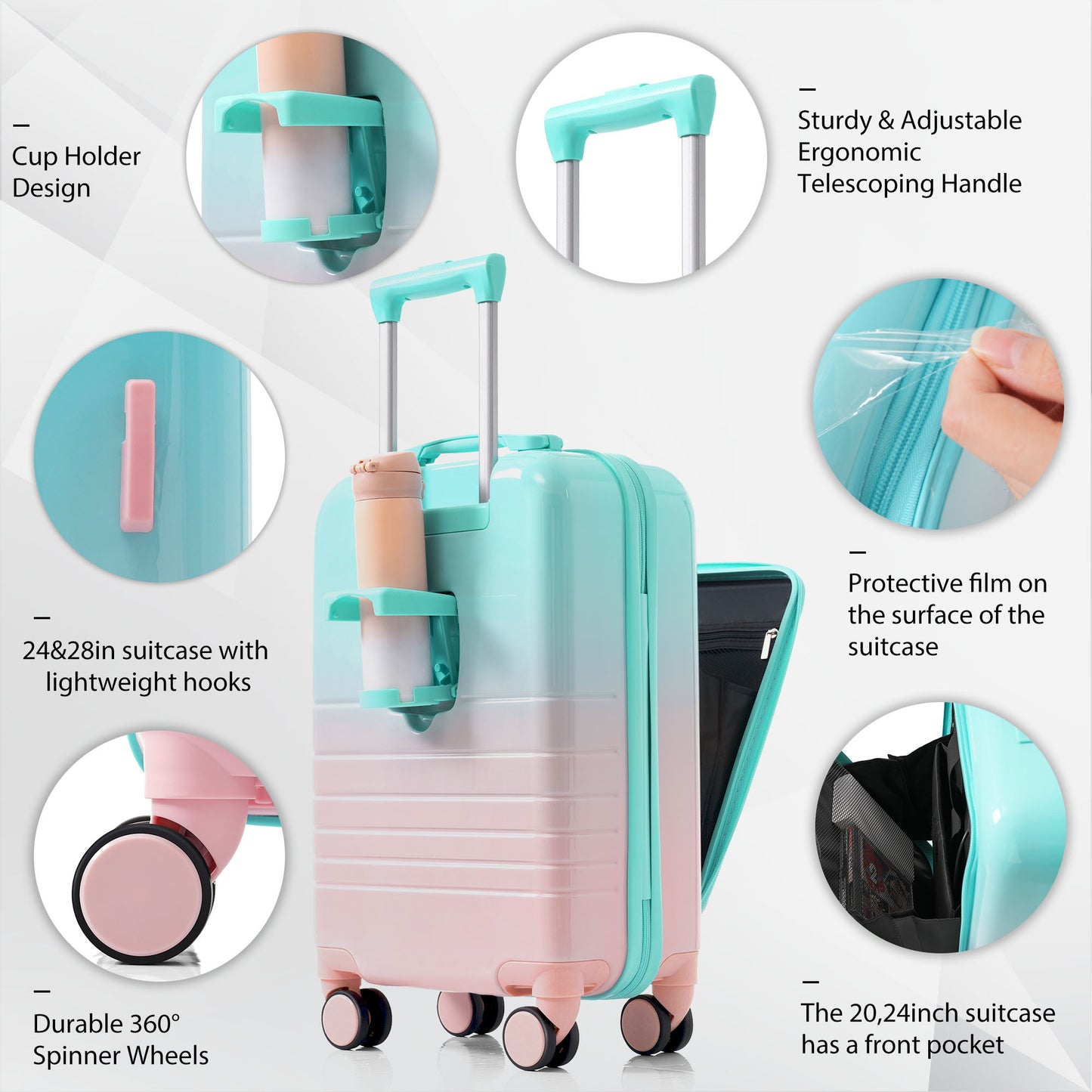 Jetera 3 - Piece Carry - On Luggage Set – Light Blue ABS+PC Hard Shell with USB Port, Cup Holder & Front - Opening Design (20/24/28") - JUSTLIVE NESTJUSTLIVE NEST