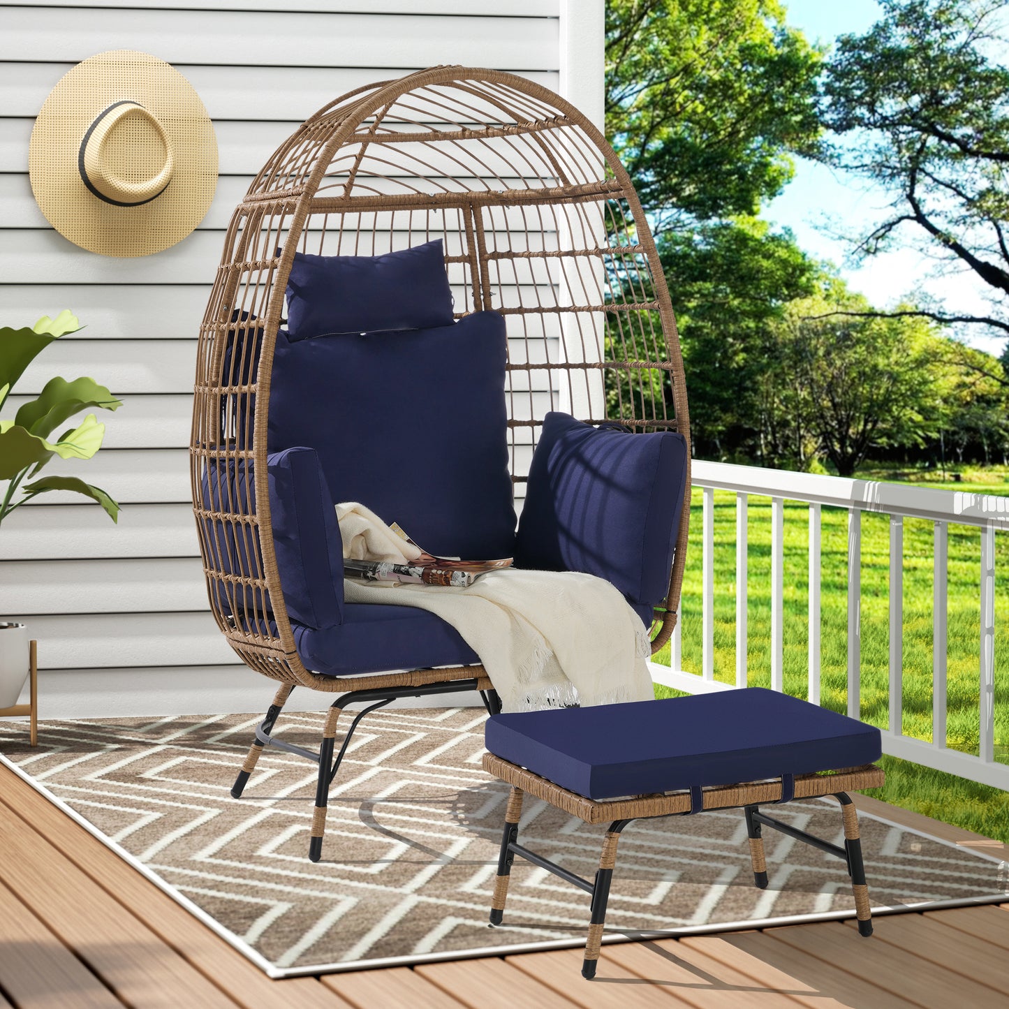 Nestra XL Egg Chair with Ottoman – Oversized Wicker Lounge Chair with 600lb Capacity & Thick Cushions