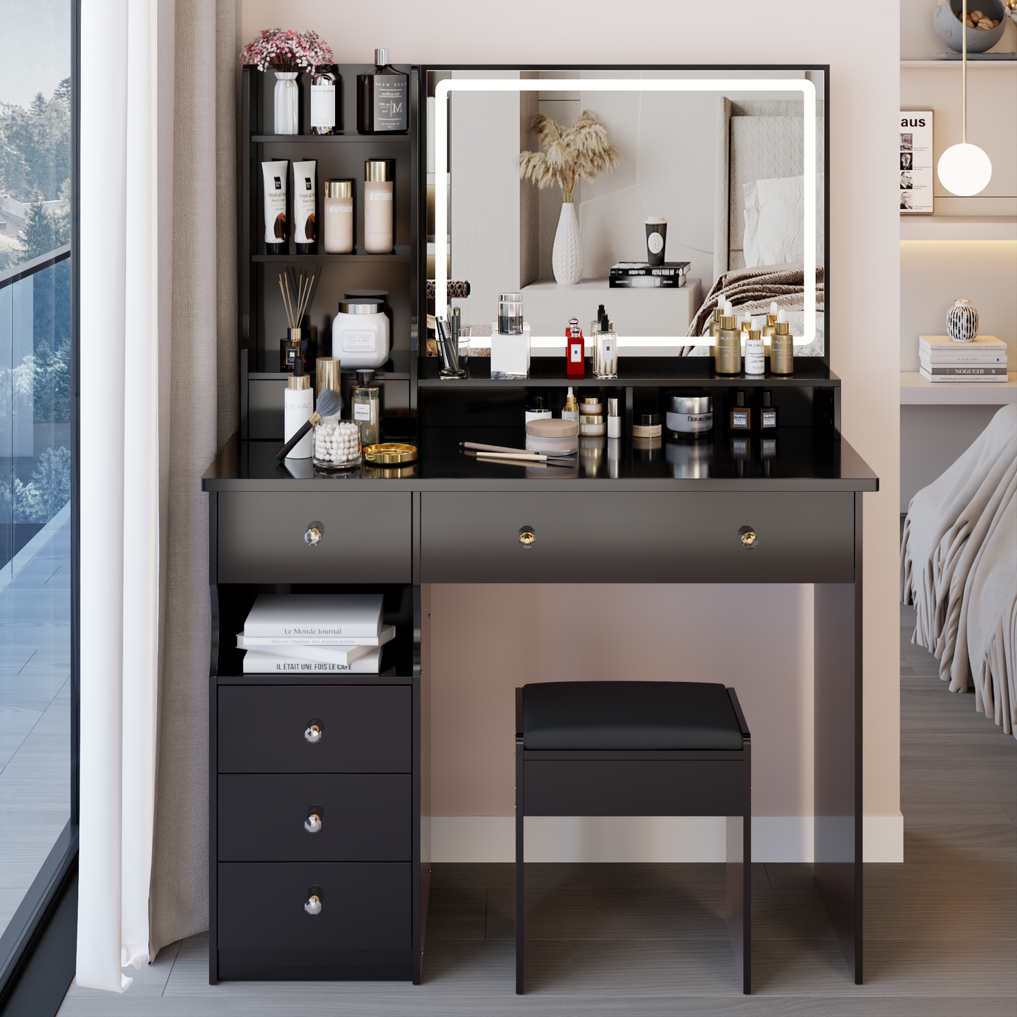Glowera Luxe RightSet – 41" Vanity Table with Extra-Wide Touch Mirror, Left Drawer & Layered Storage