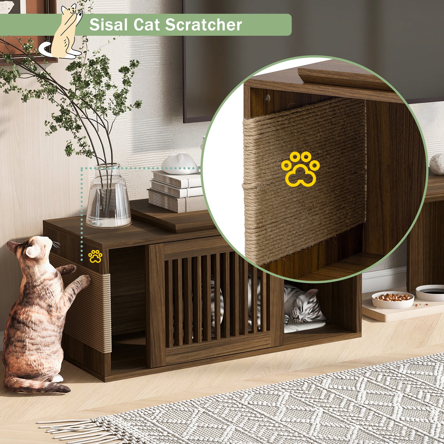 Vero Pet - Friendly TV Console – Mid - Century Walnut Stand with Extendable Table, Cushion & Cat Cubby - JUSTLIVE NESTJUSTLIVE NEST