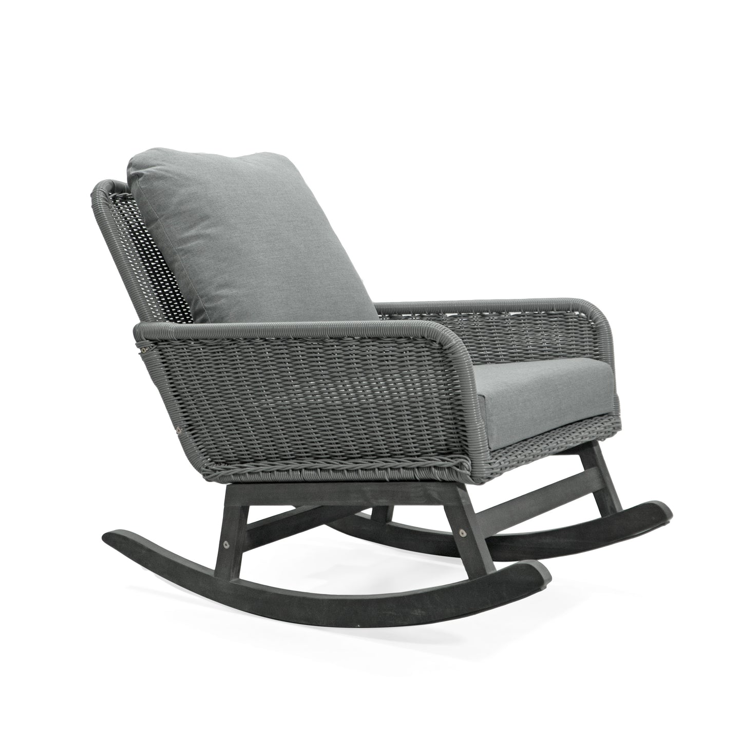 Avya Rocker Chair – Gray Wicker Frame with Wooden Base & Soft Cushions