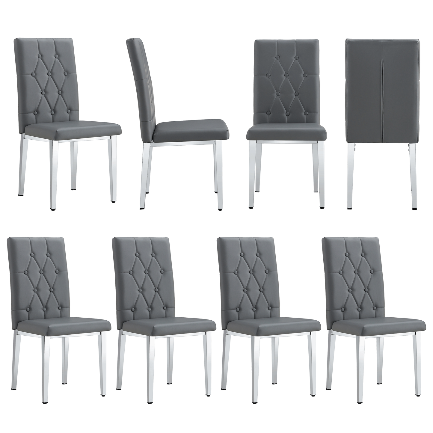 Tovik Dining Chair Set – 8 Gray Armless Grid-Back Seats with Vintage Touch