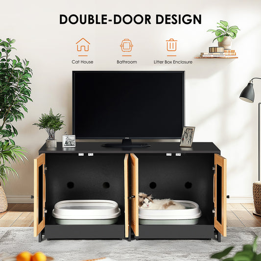 Nuvio Double Litter Enclosure – Black Hidden Cat Box Cabinet with Rattan Doors (Fits 2 Cats) - JUSTLIVE NESTJUSTLIVE NEST