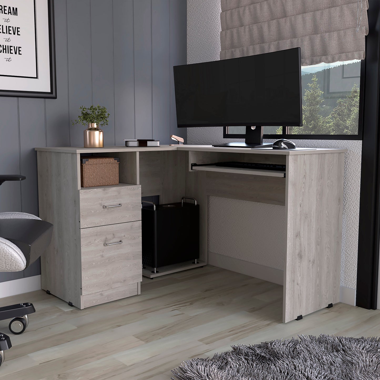 Loftia L-Desk – Light Gray 2-Drawer Corner Desk with Open Shelf
