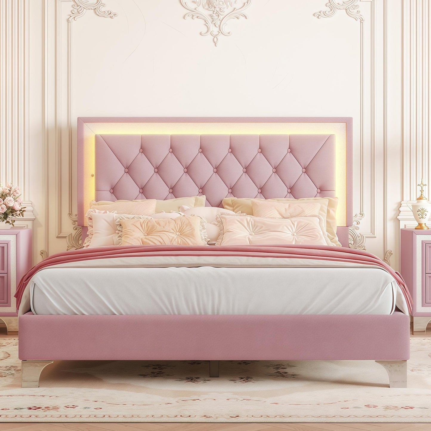 Vervia Full Bed – Pink Velvet Upholstered Frame with Tufted LED Headboard