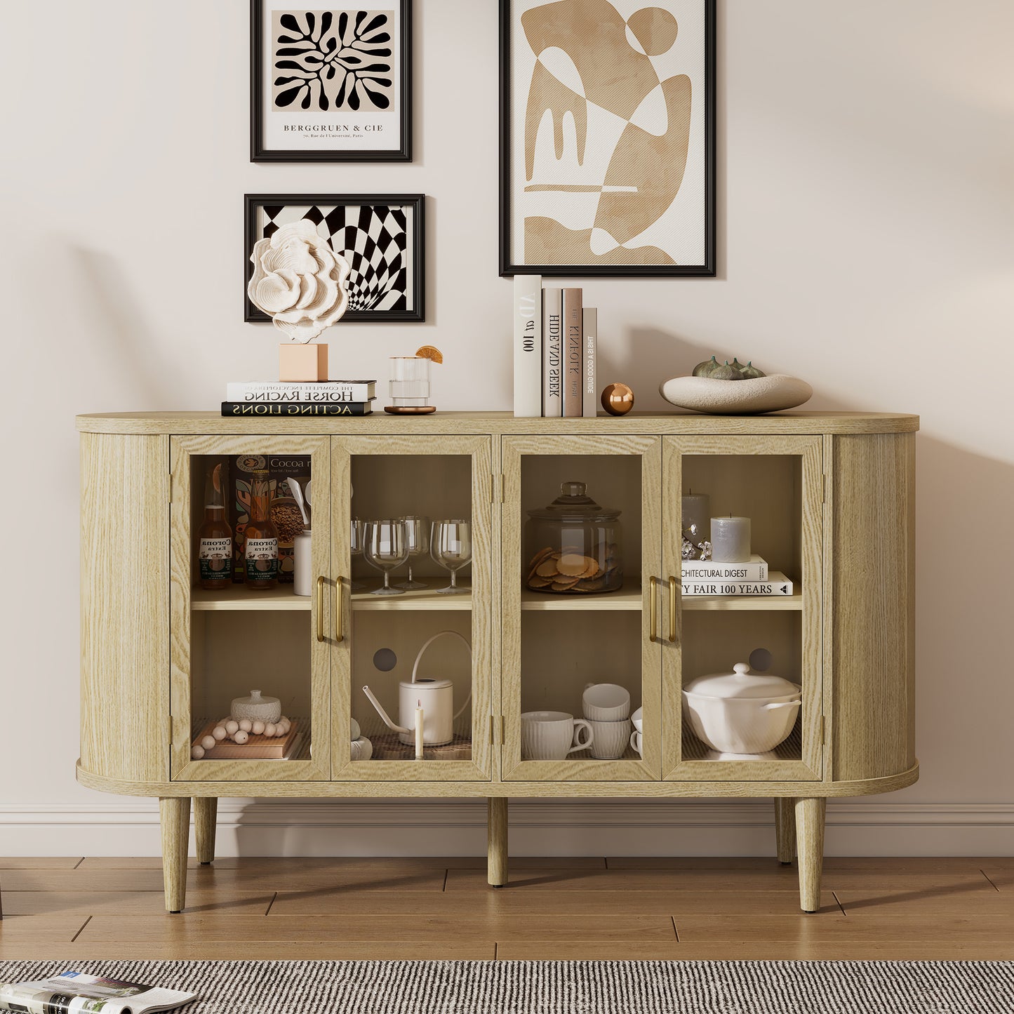Farmcrest Glass Sideboard – Natural Wood Cabinet with Glass Doors and Shelf Storage