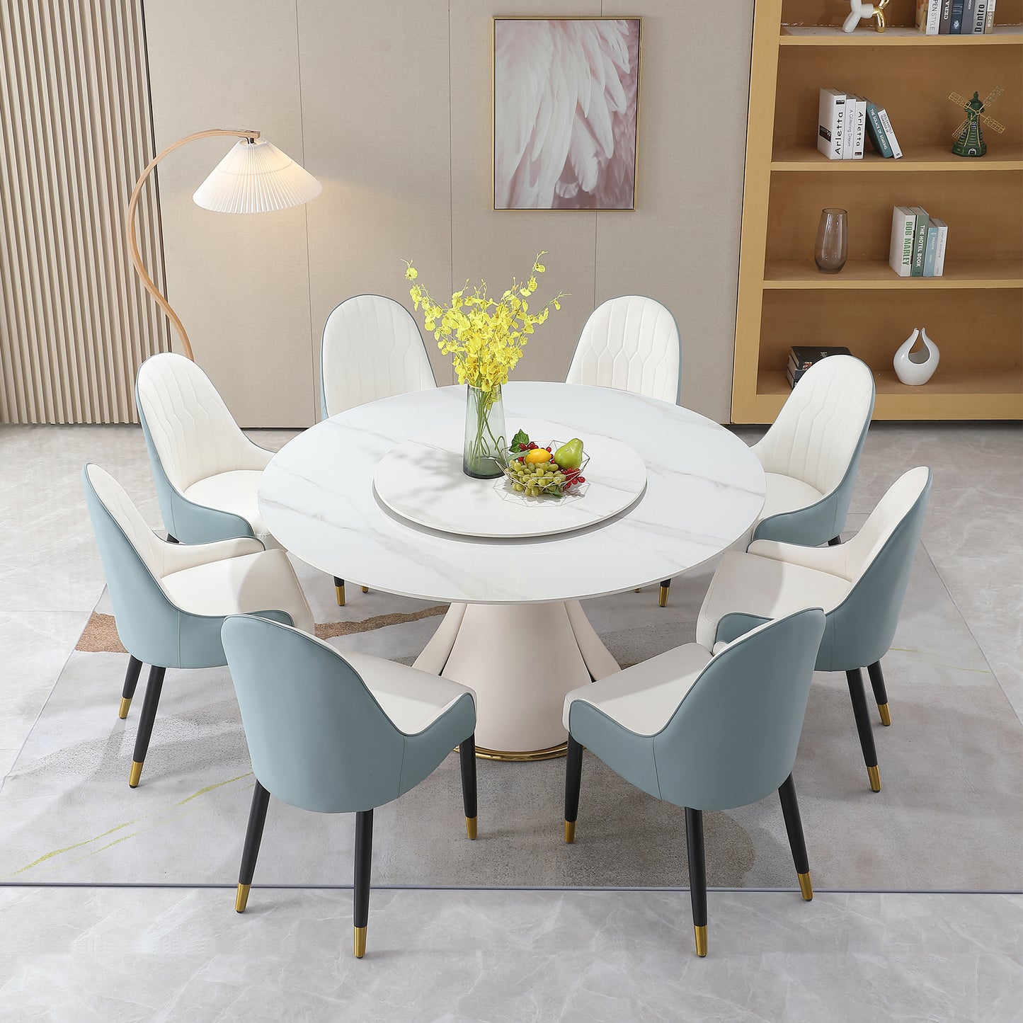 Cravone Luxe 9-Piece Dining Set – Round White Marble-Look Table with 8 Chairs & Central Turntable