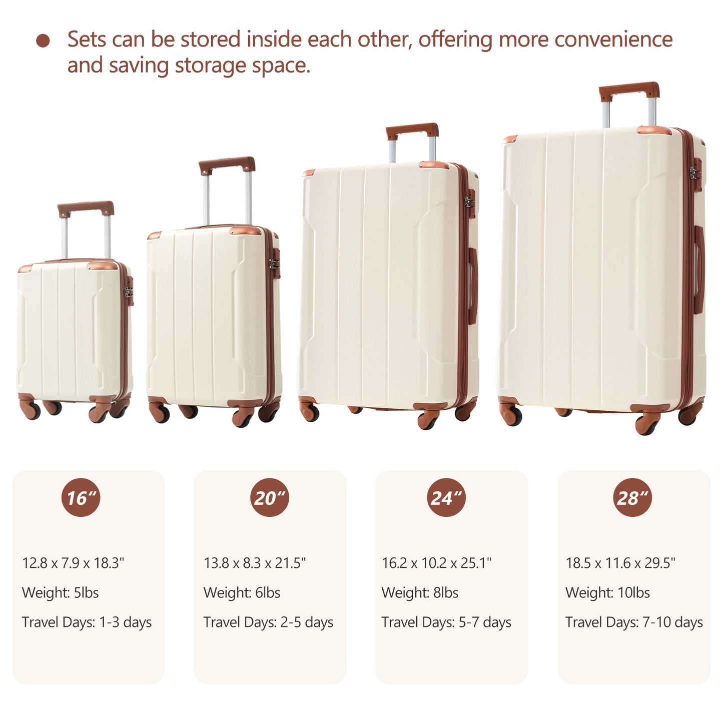 Jetera 6 - Piece Hardshell Luggage Set – White & Brown Expandable Suitcases with Spinner Wheels & TSA Lock - JUSTLIVE NESTJUSTLIVE NEST