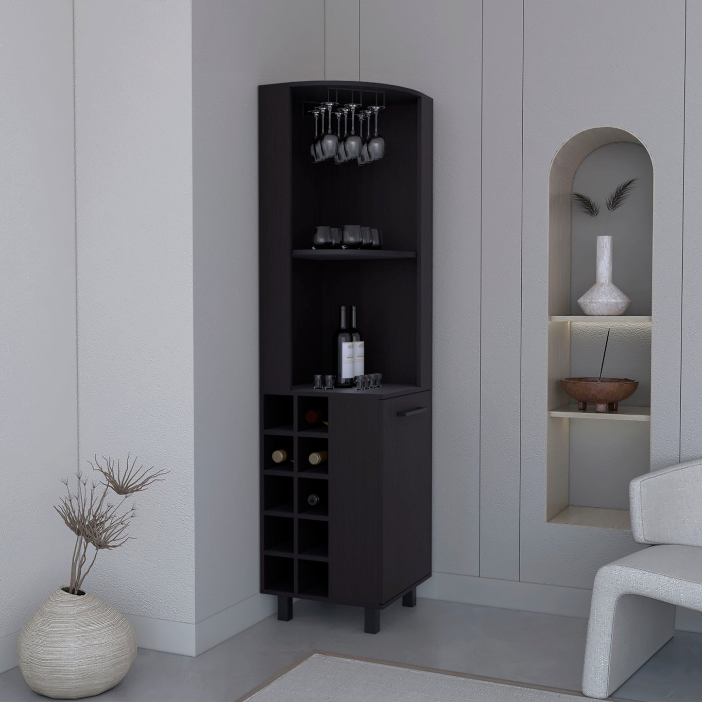 Kaia Corner Bar Cabinet – 70'' Tall in Black Wengue with 10 Wine Slots and 4 Shelves