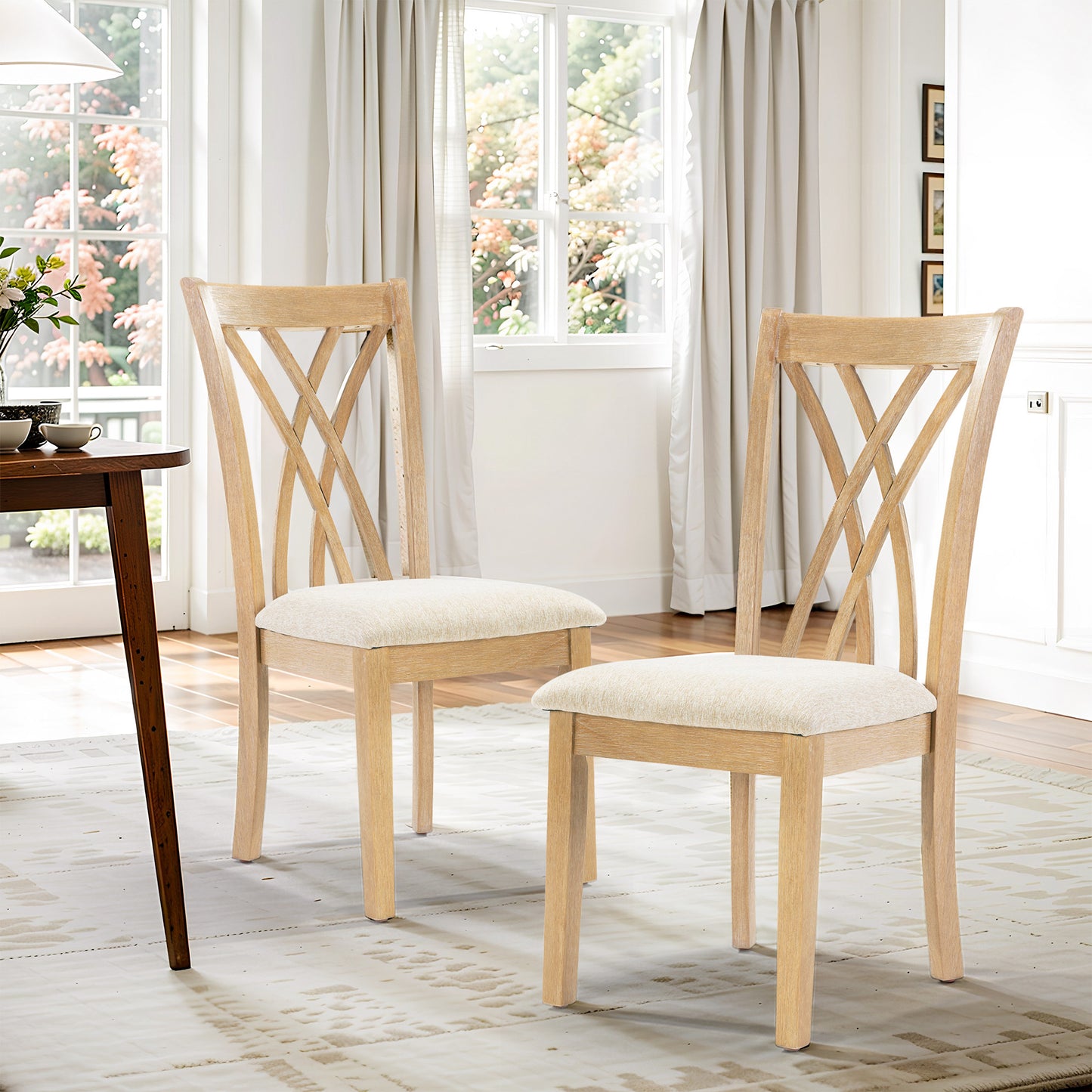 Liora Dining Chairs – Set of 2 Off-White Upholstered Seats with Rubberwood Legs and Glides