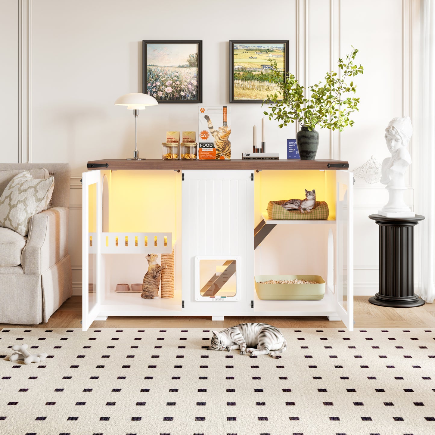 Nuvio 47" Smart Litter Cabinet – White Cat Enclosure with LED Light, Stair Entry, Scratch Panel & Side Table Design - JUSTLIVE NESTJUSTLIVE NEST