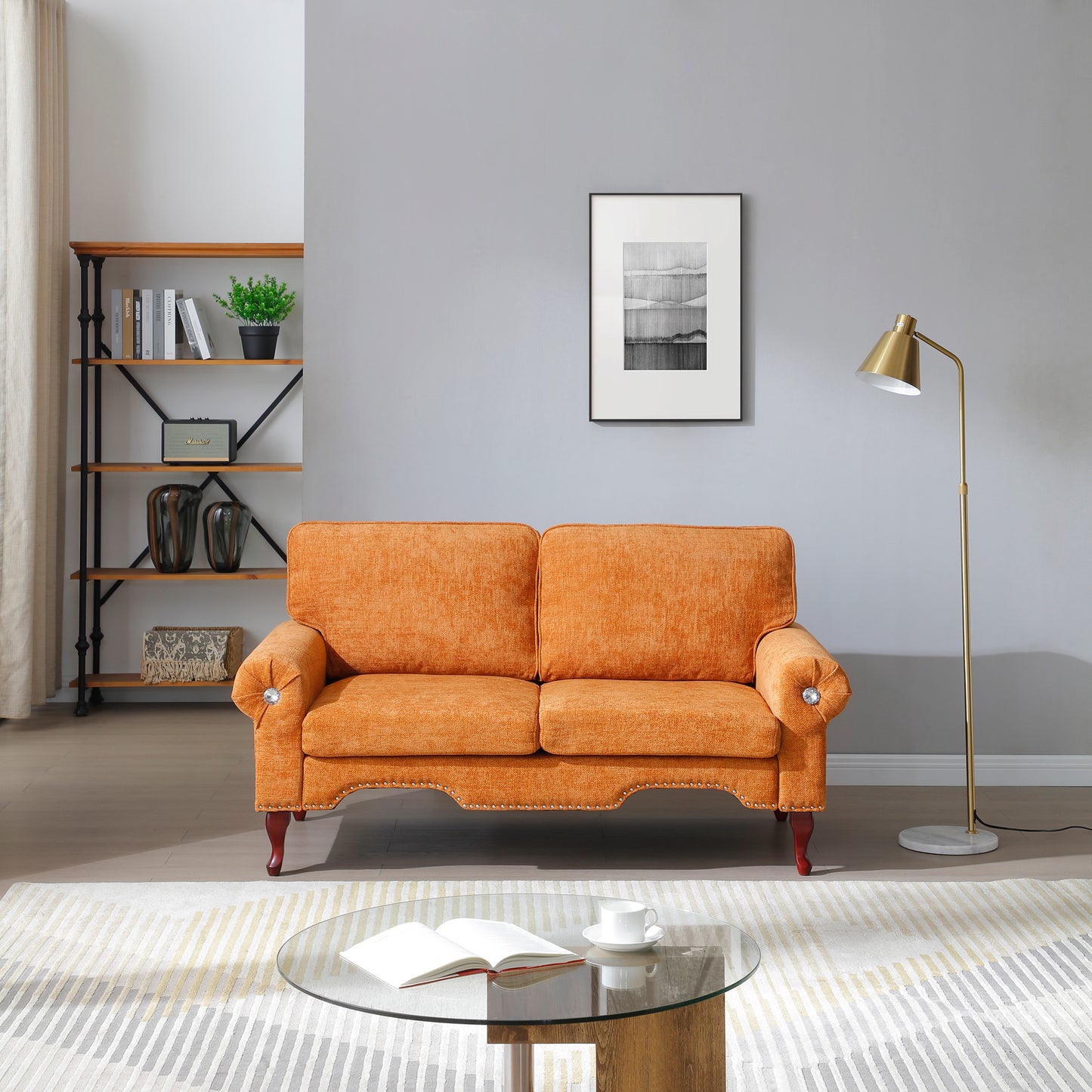 Monaco Terra Loveseat – Chic Orange Linen Sofa with Crystal Buttons & Copper Nailhead
